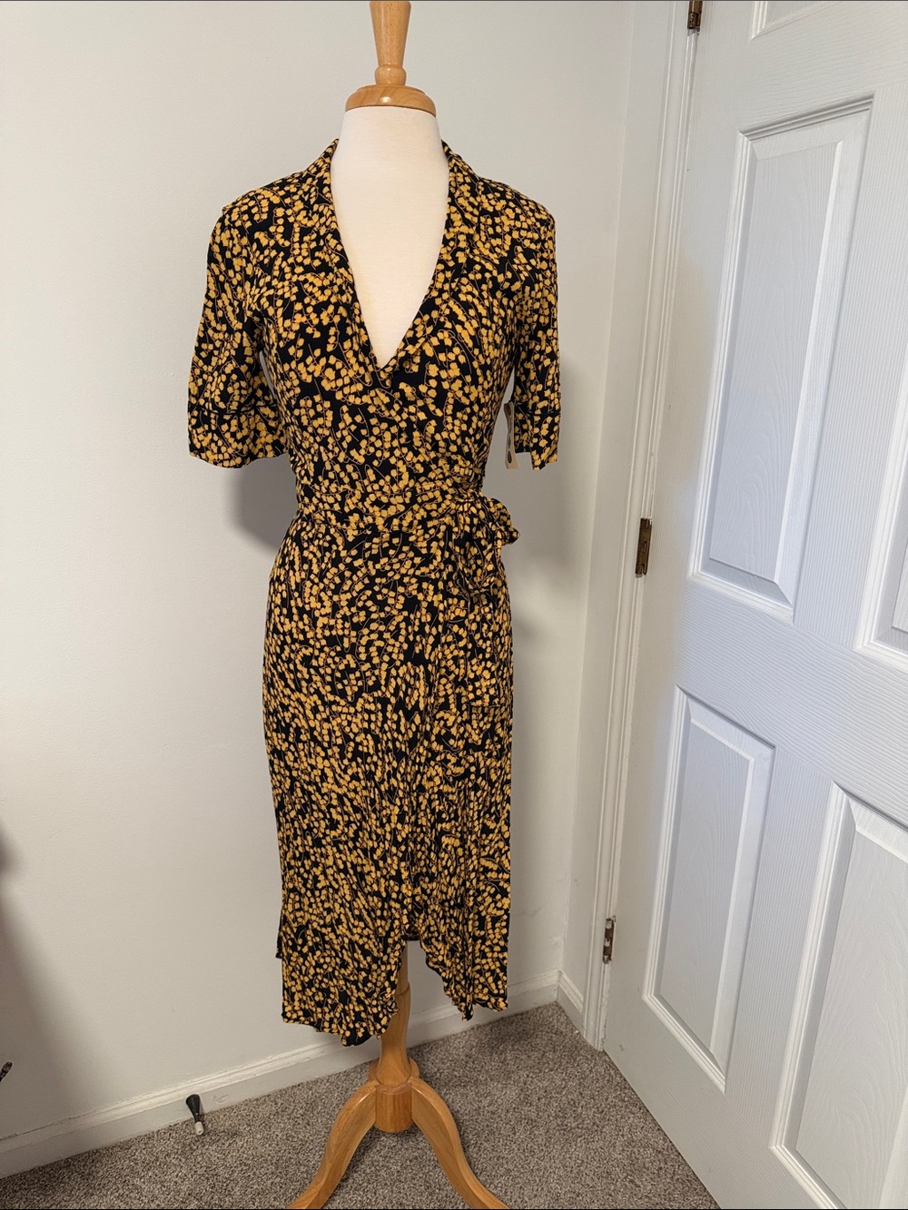 Ganni Black Midi Wrap Dress with Yellow Floral Print